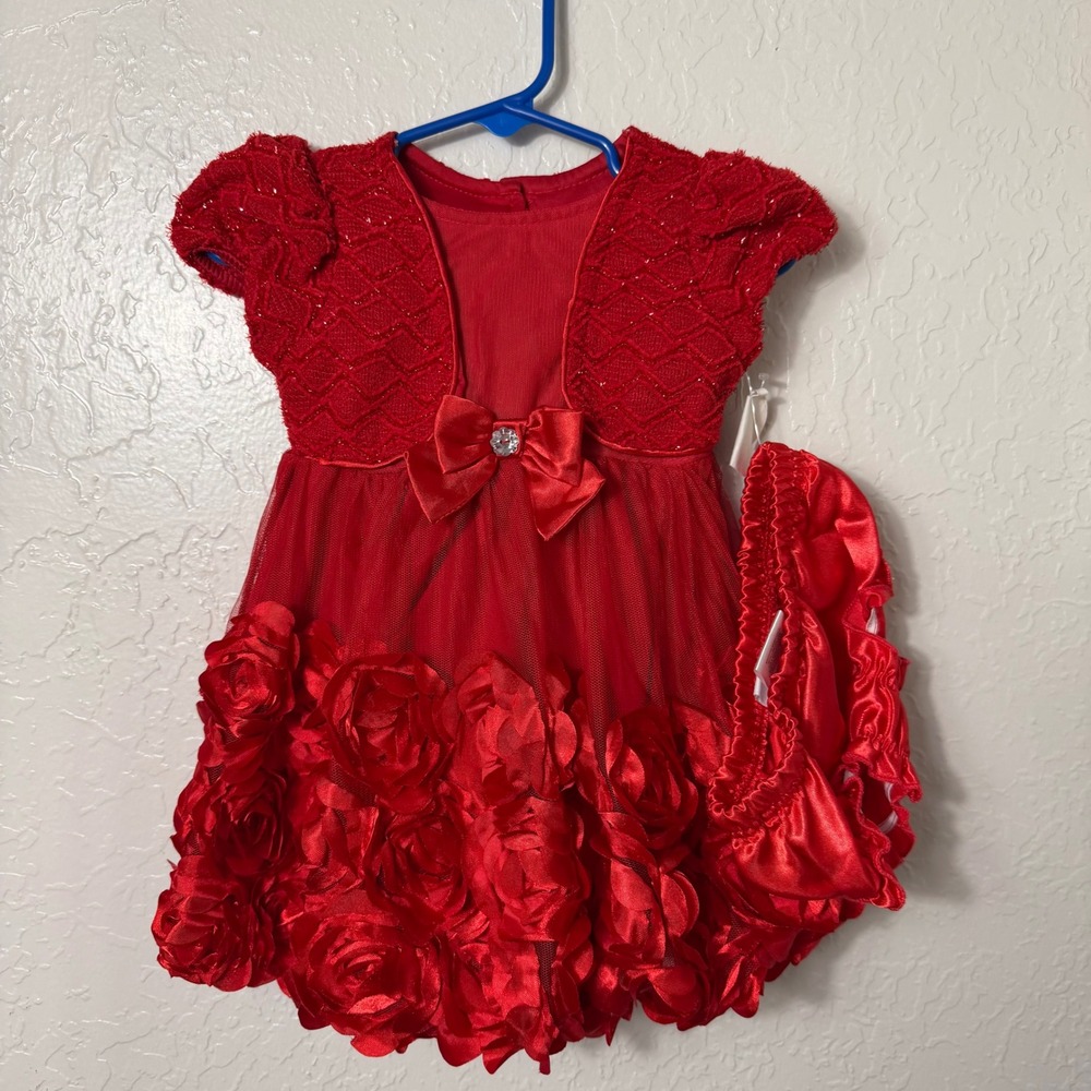 Nannette Baby Red Rosette Tulle Formal Dress Diaper Cover Set Holiday Wedding